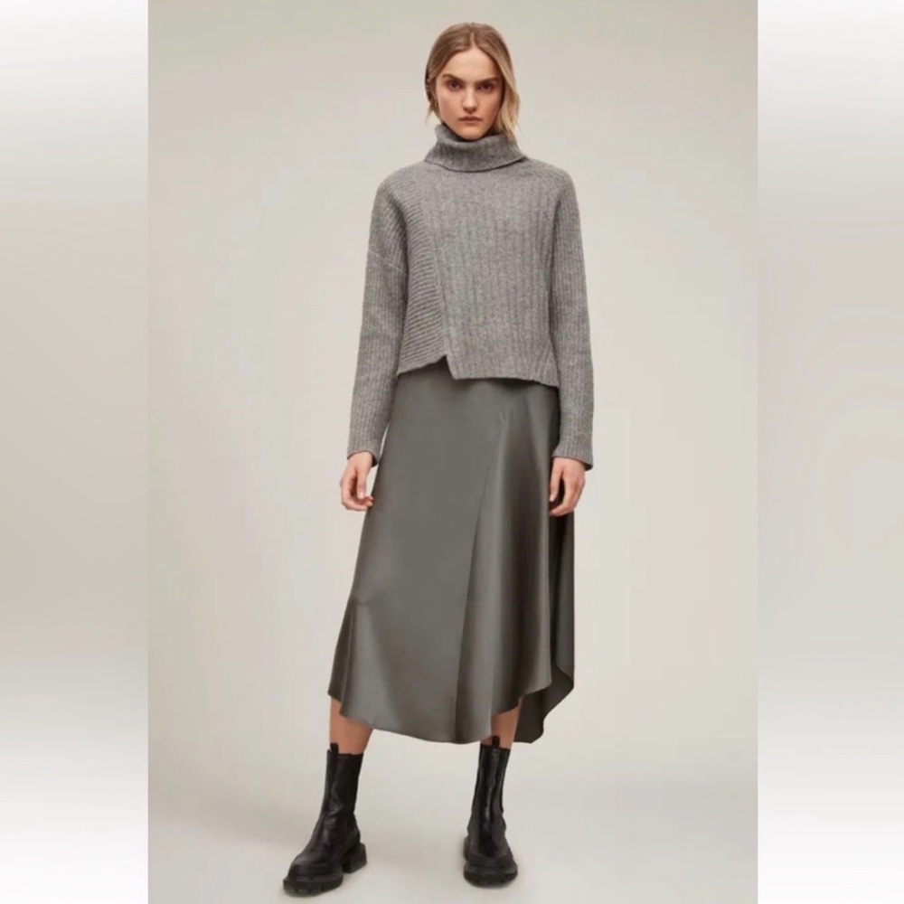 AllSaints 2-in-1 Slate Gray Satin Midi Dress with Cashmere Sweater